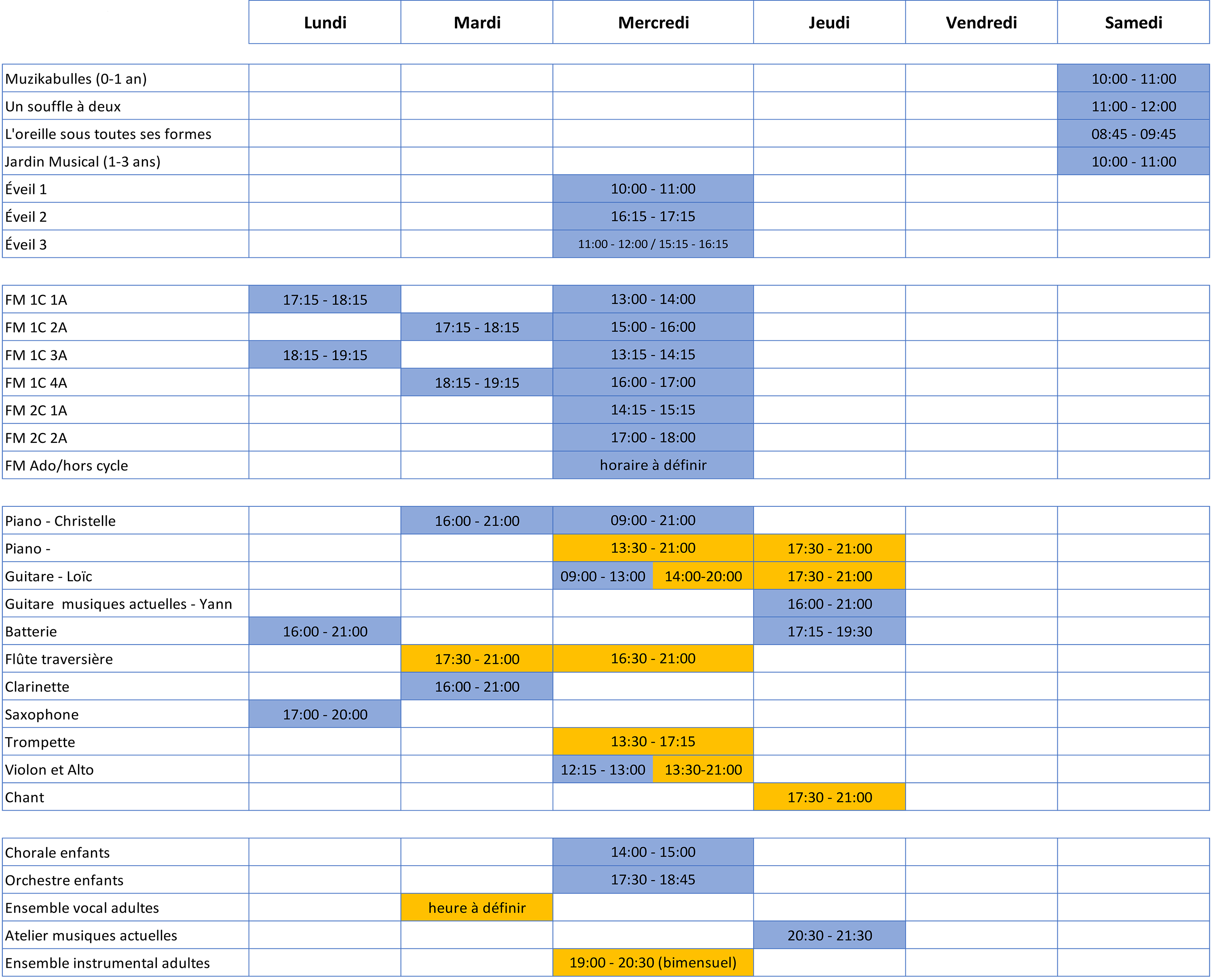 planning des cours de musique