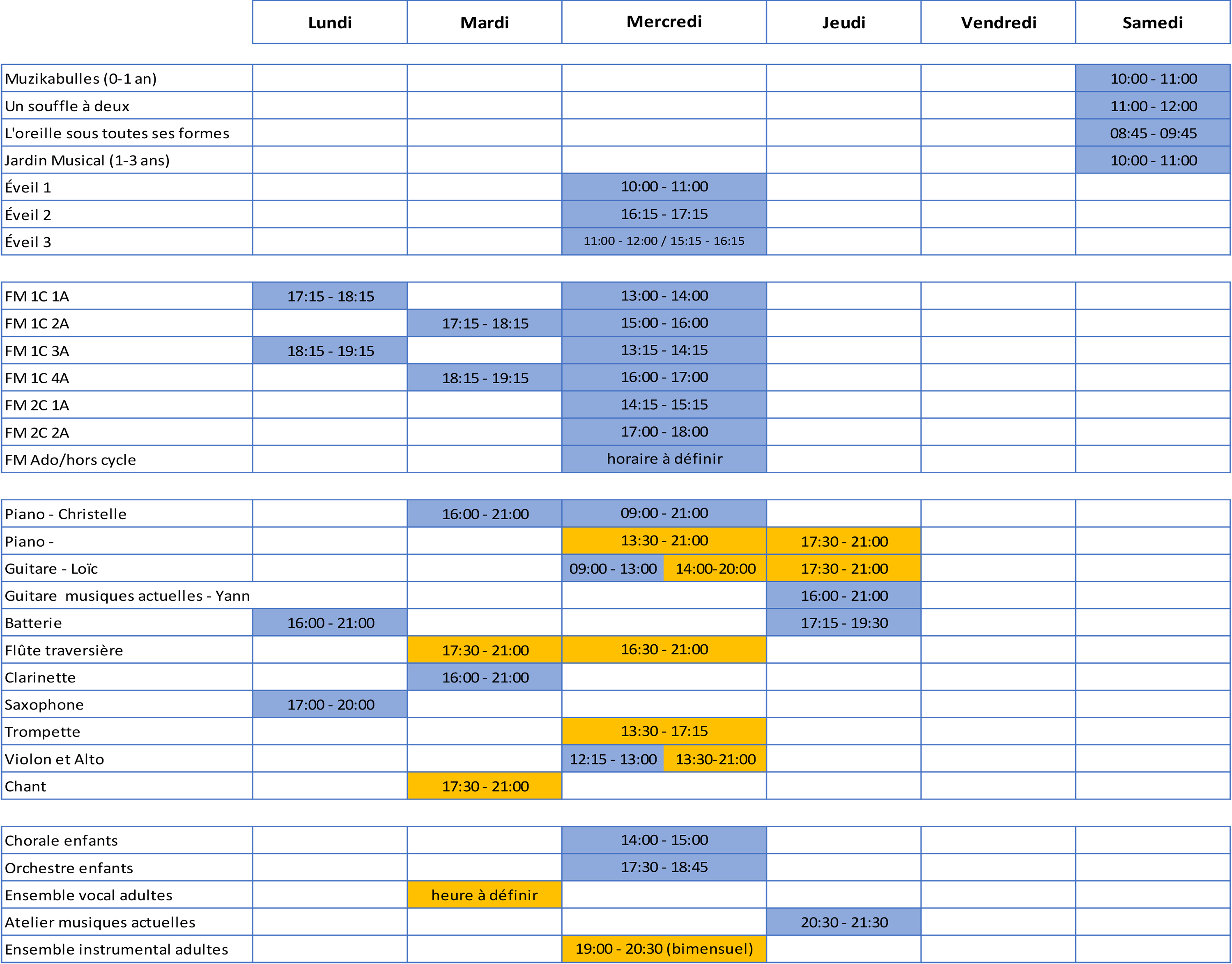 planning des cours de musique