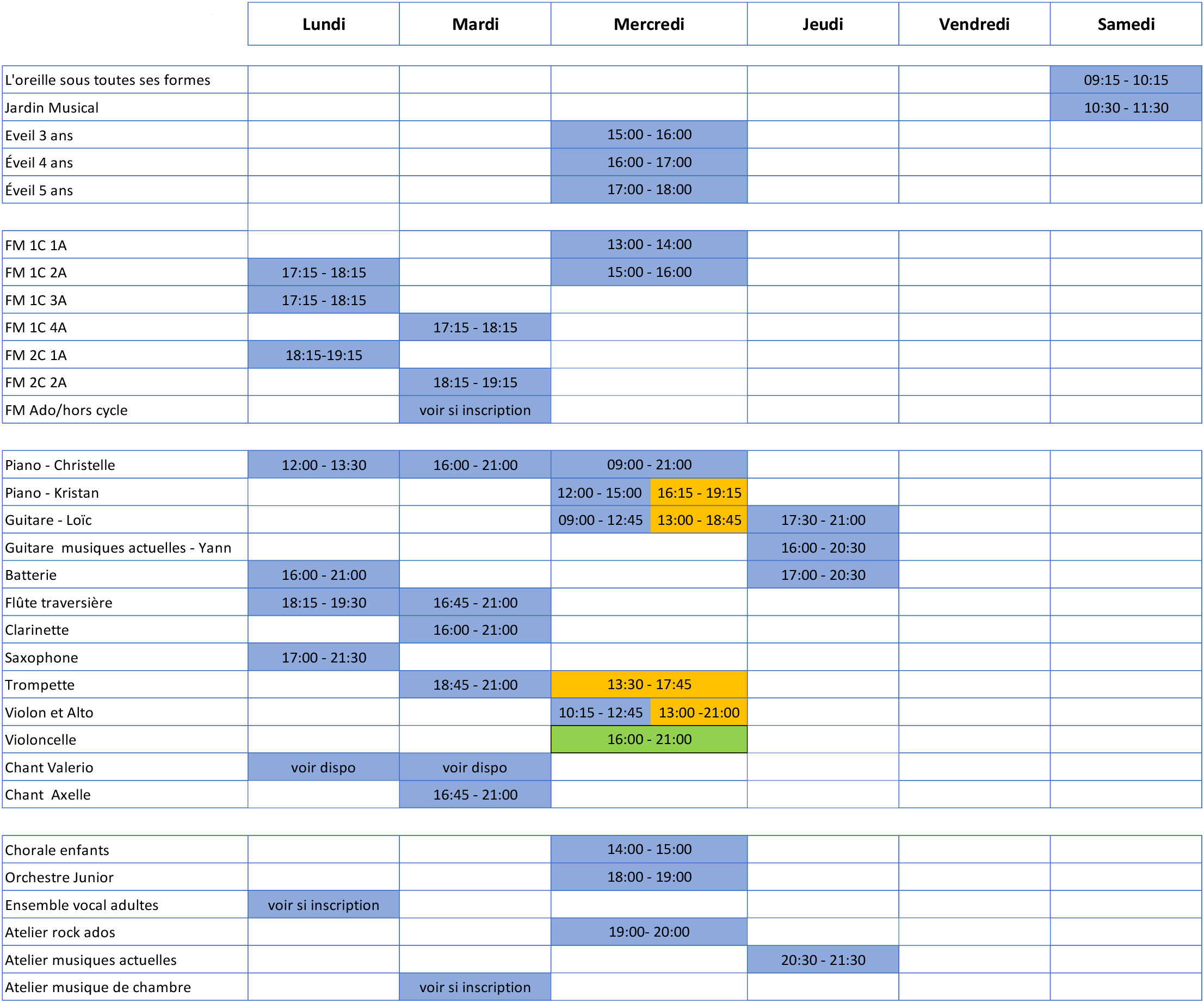 planning des cours de musique